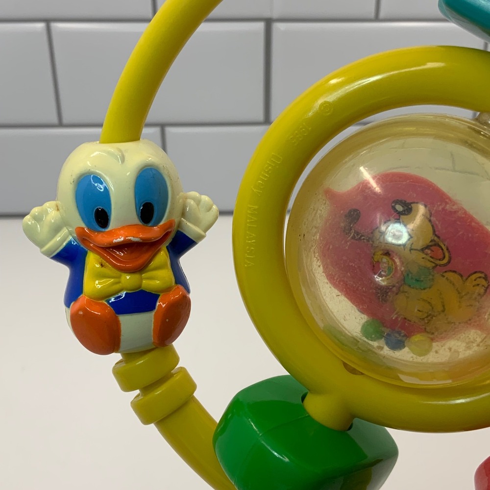 Vintage 1986 Disney Mickey Mouse Donald Duck Pluto Baby Rattle Yellow Ring Toy - Picture 4 of 7